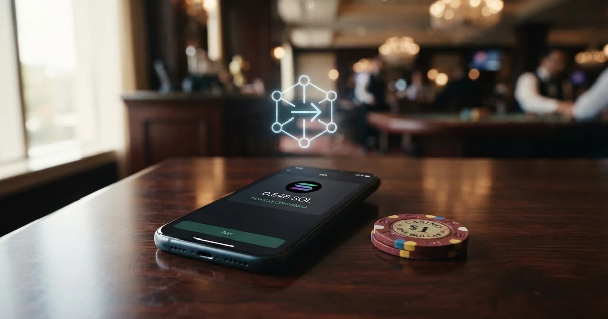 Ethereum-Logo auf einem Smartphone-Bildschirm neben Casino-Chips, ETH-Transaktionssymbol sichtbar