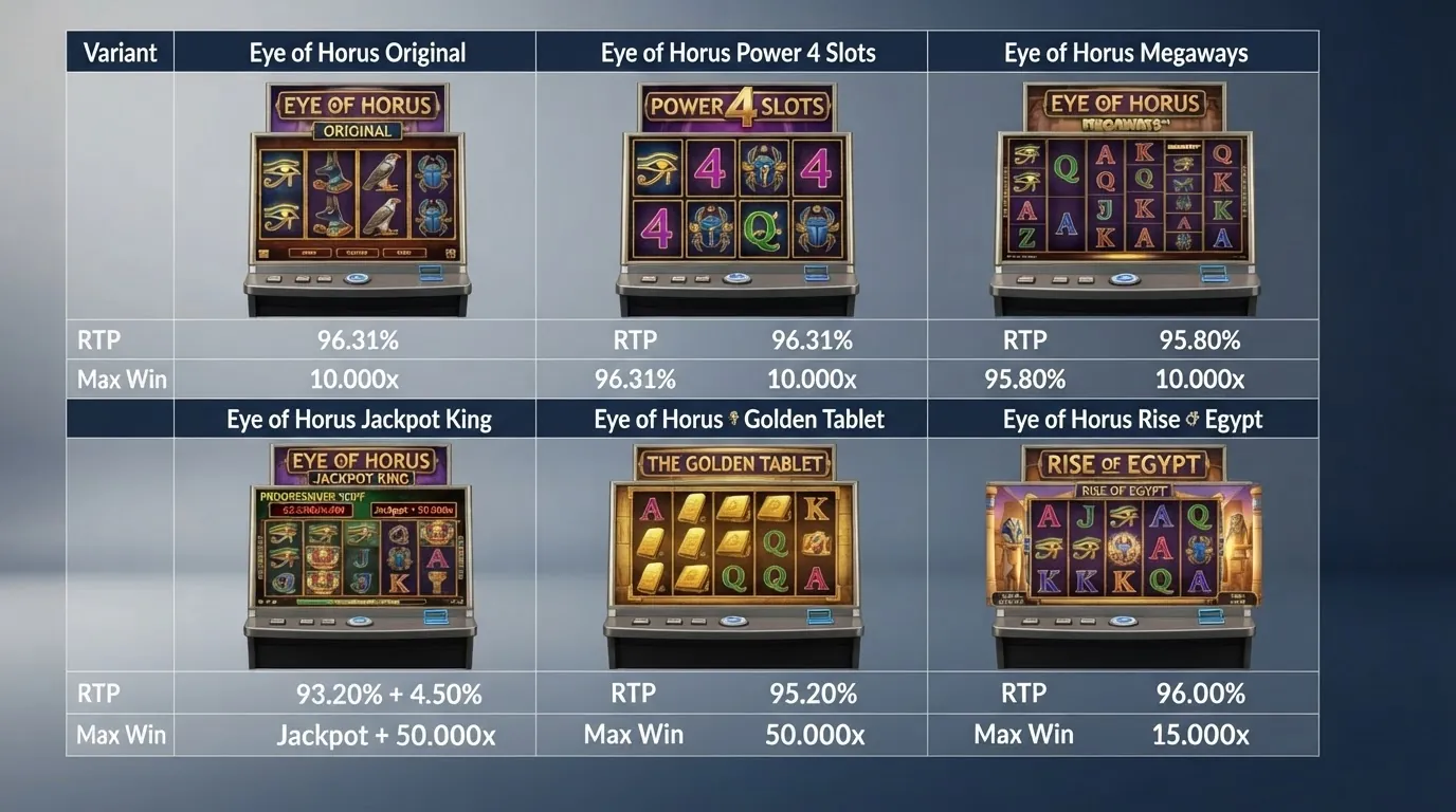 Sechs Eye of Horus-Varianten nebeneinander — Original, Power 4, Megaways, Jackpot King, Golden Tablet und Rise of Egypt
