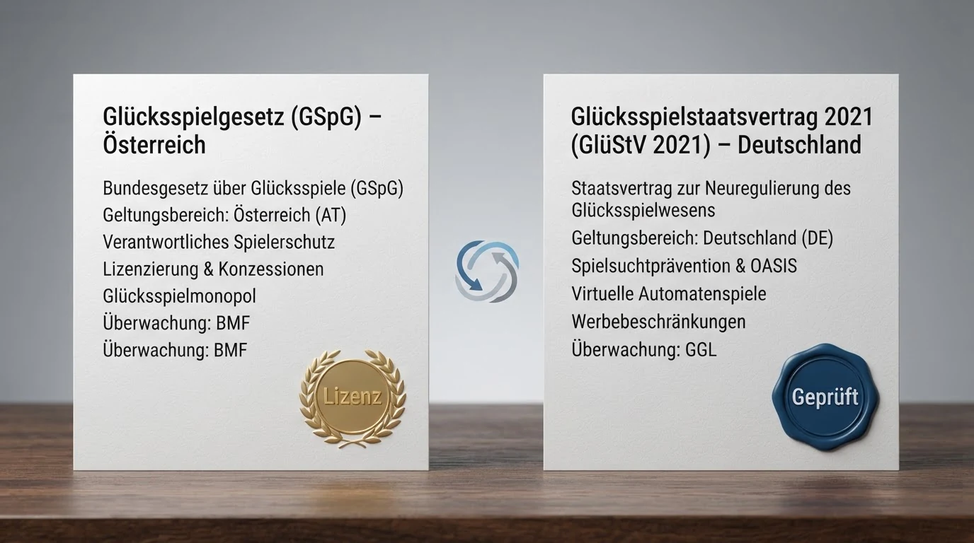 Eine grafische Gegenüberstellung: links das GSpG mit dem BMF-Logo und einer Konzessionsurkunde, rechts der GlüStV 2021 mit dem GGL-Logo und dem OASIS-Symbol