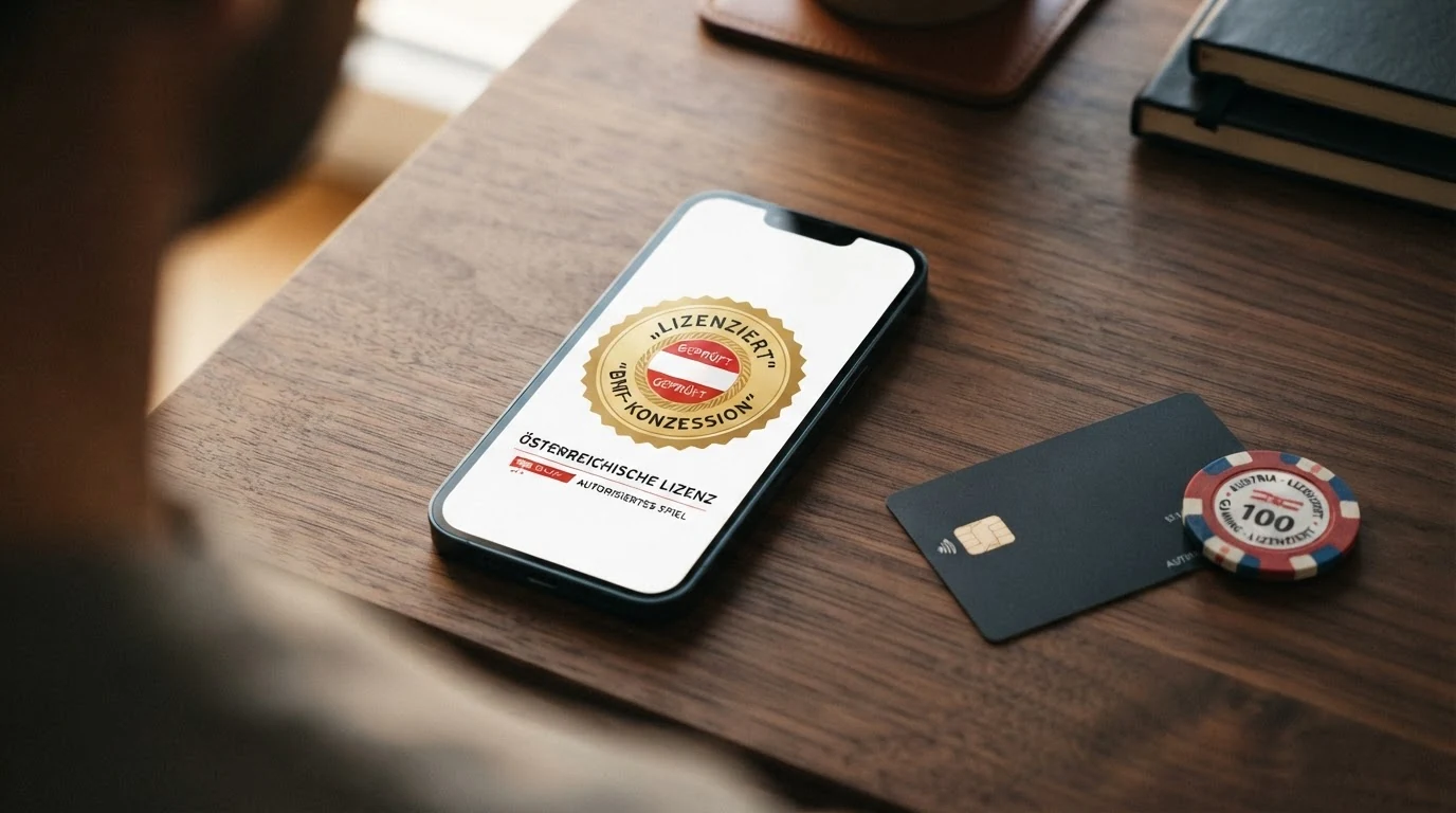 Offizielles österreichisches Wappen neben einem Smartphone, auf dessen Display der Schriftzug „BMF-Konzession“ und das win2day-Logo zu sehen sind
