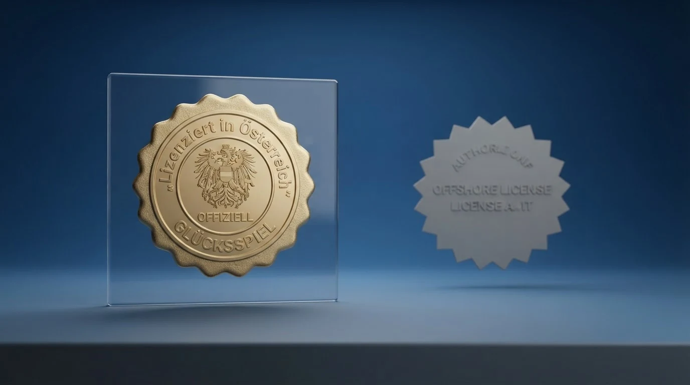 Screenshot eines Ausschnitts der öffentlichen BMF-White-List mit dem Eintrag der Österreichischen Lotterien GmbH, daneben ein rot durchgestrichenes MGA-Logo und ein rot durchgestrichenes Curaçao-Logo zur Visualisierung des AT-Monopols