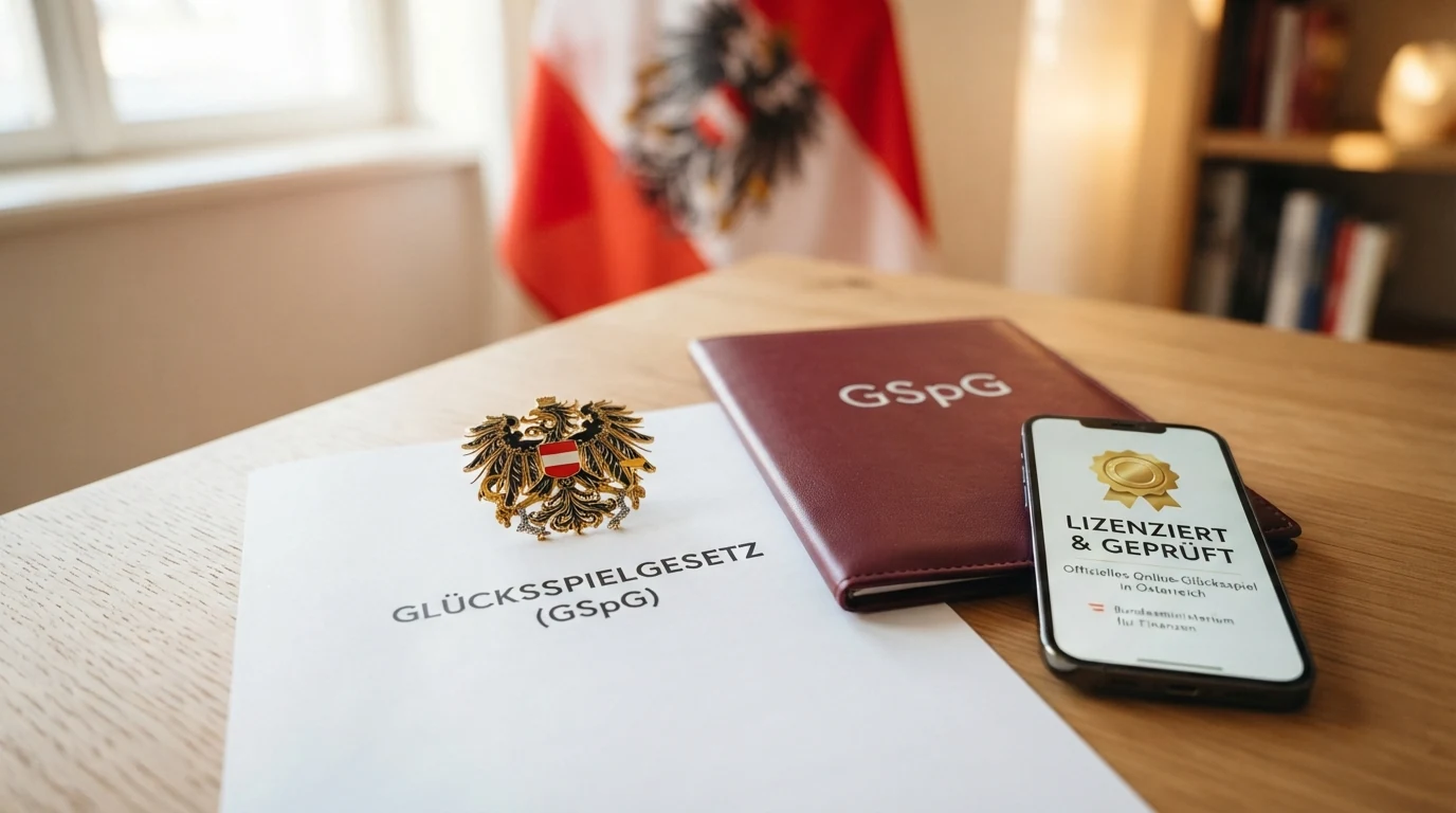 Ein stilisiertes österreichisches Bundeswappen neben einem Glücksspielgesetz-Dokument (GSpG) und dem win2day-Logo — der einzige legale Online-Casino-Anbieter