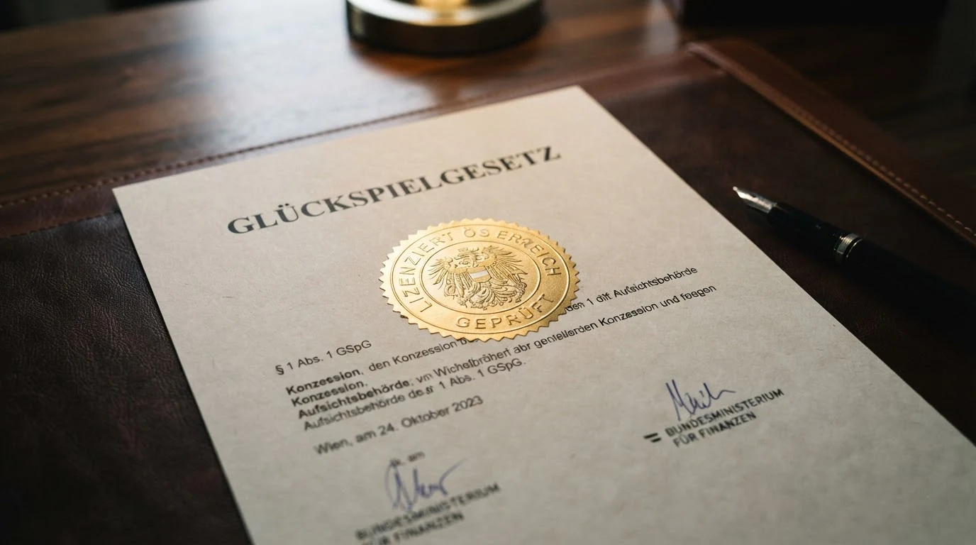 Ein offiziell wirkendes Dokument mit dem Bundesadler und dem Schriftzug „Glücksspielgesetz“, daneben das win2day-Logo als einzigem Symbol mit einem grünen Häkchen