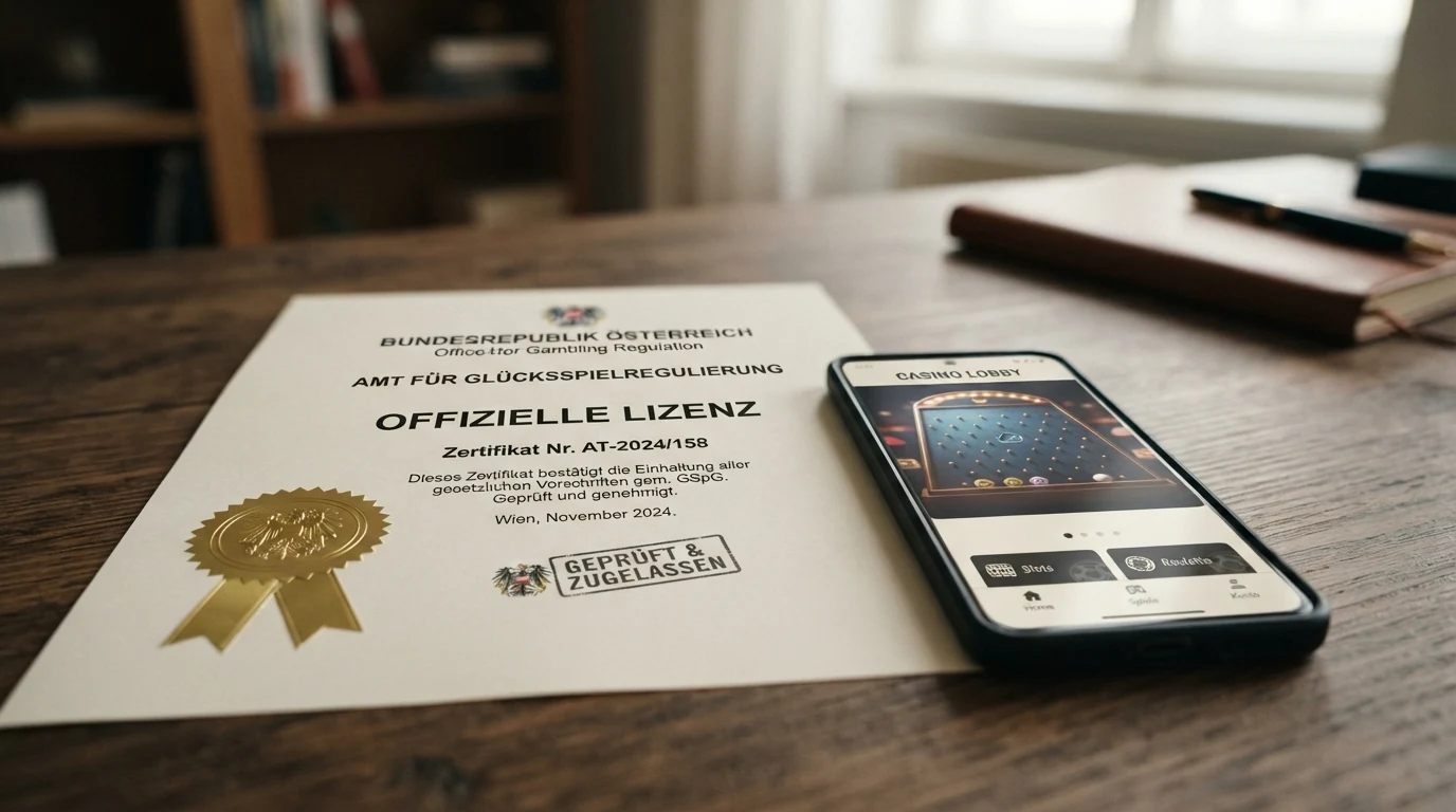 Ein offiziell wirkendes Dokument oder Siegel neben einem Smartphone mit Casino-Oberfläche — visualisiert den Kontrast zwischen reguliertem Anspruch und digitaler Wirklichkeit.