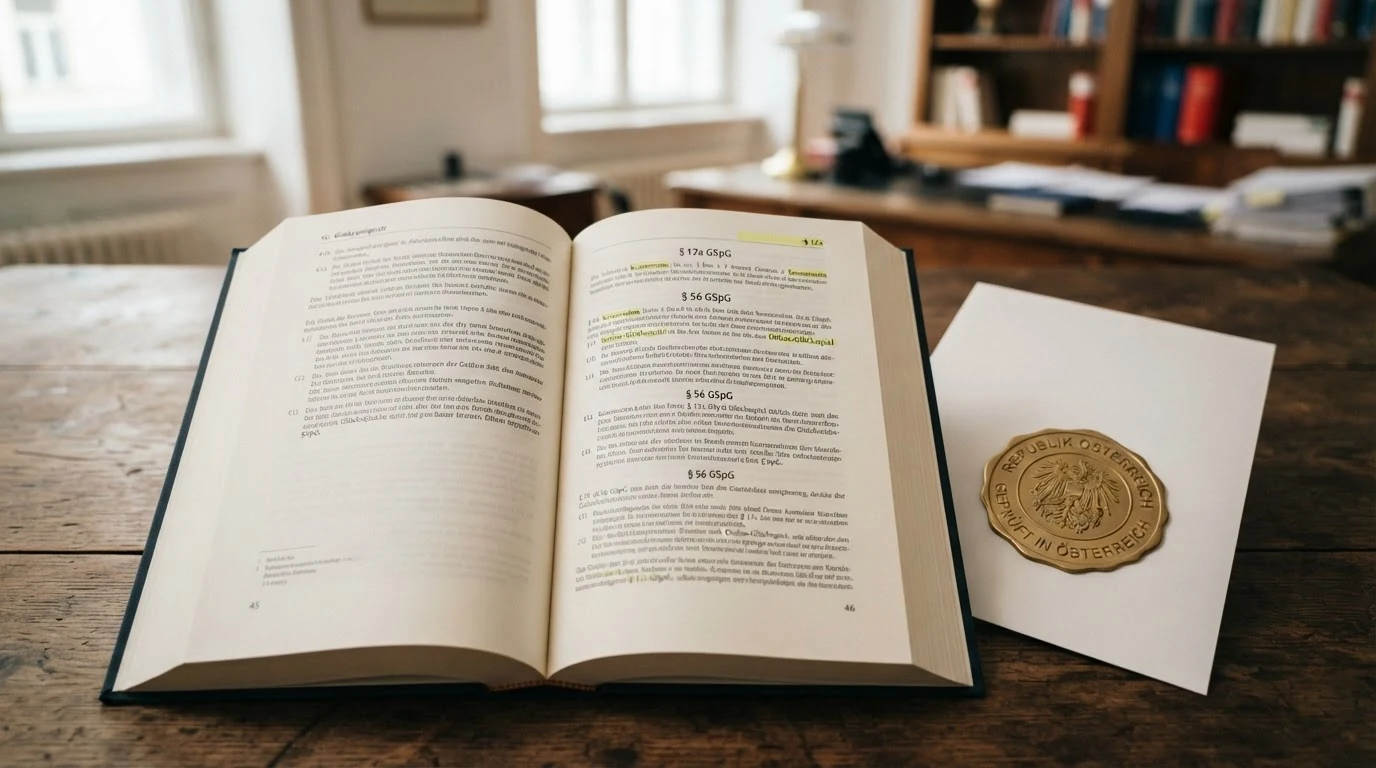 Ein aufgeklapptes Gesetzbuch mit dem Titel „GSpG“ und Markierungen an § 12a und § 56, daneben das EU-Emblem als Verweis auf den CJEU