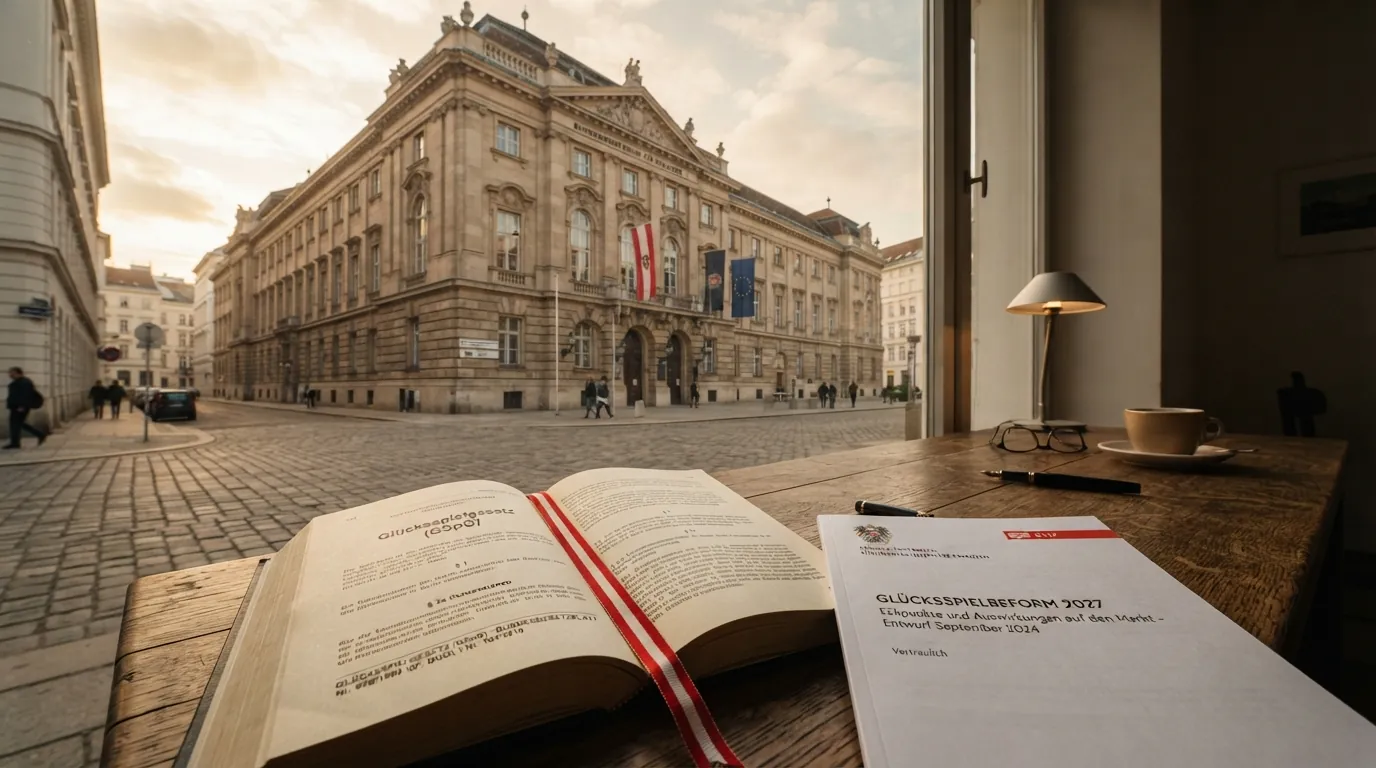 Das österreichische Bundesministerium für Finanzen mit einem aufgeschlagenen GSpG und einem Dokument zur Glücksspielreform 2027