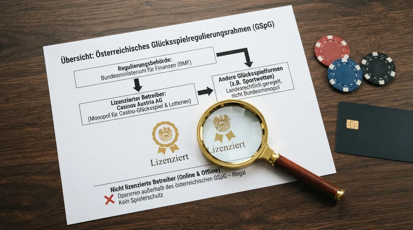 Schematische Darstellung des österreichischen Glücksspielmonopols: BMF als Regulator, win2day als einziger Konzessionär, und der Status nicht-lizenzierter Anbieter außerhalb des gesetzlichen Rahmens