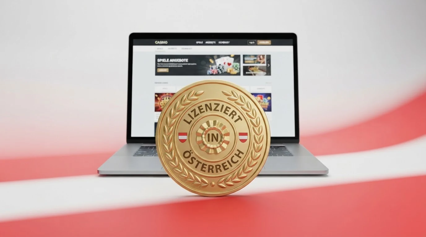 Offizielles österreichisches Glücksspiel-Logo oder BMF-Siegel neben einem Bildschirm mit win2day-Startseite