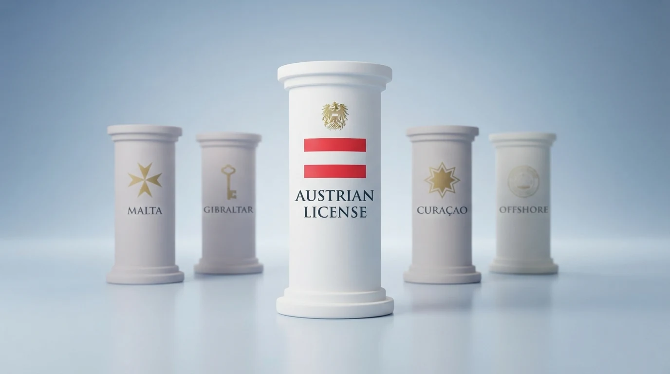 Schematische Gegenüberstellung des österreichischen Glücksspielmonopols (win2day als einziger Konzessionär) und der Offshore-Anbieter mit MGA- oder Curaçao-Lizenz
