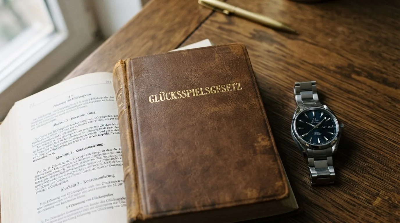 Ein aufgeschlagenes Gesetzbuch mit dem Titel Glücksspielgesetz, daneben eine Uhr mit dem Datum Oktober 2027