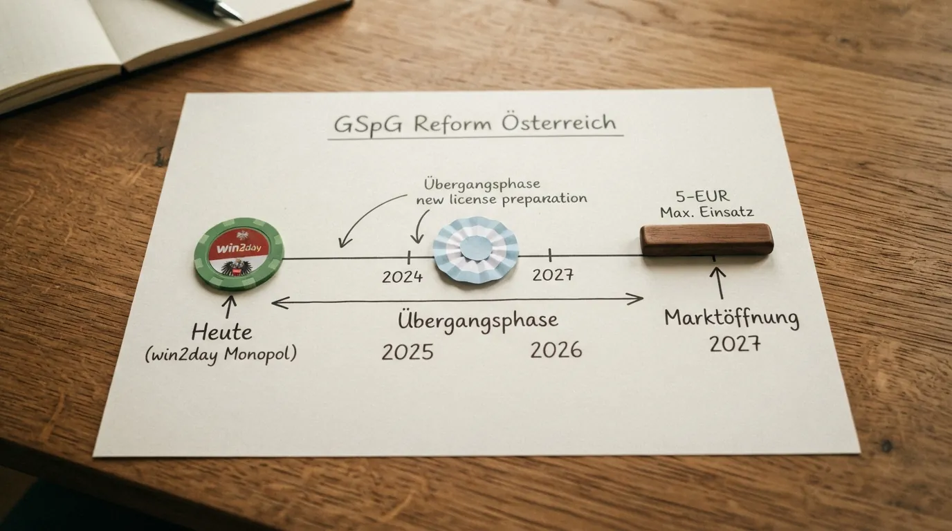 Eine schematische Zeitleiste: heute (Monopol mit win2day), Übergangsphase bis September 2027, geplante Marktöffnung mit mehreren 5-Jahres-Lizenzen und 5-EUR-Einsatzlimit