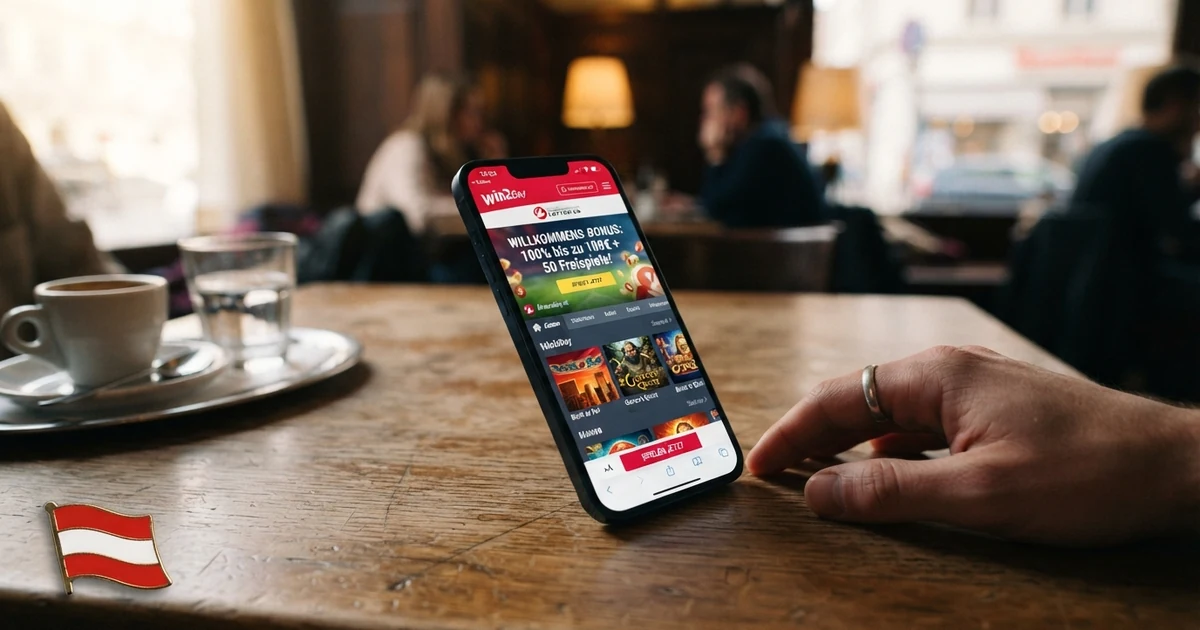 Smartphone mit geöffneter Casino-Startseite, Willkommensbonus-Anzeige im Vordergrund, österreichische Flagge als Standort-Indikator