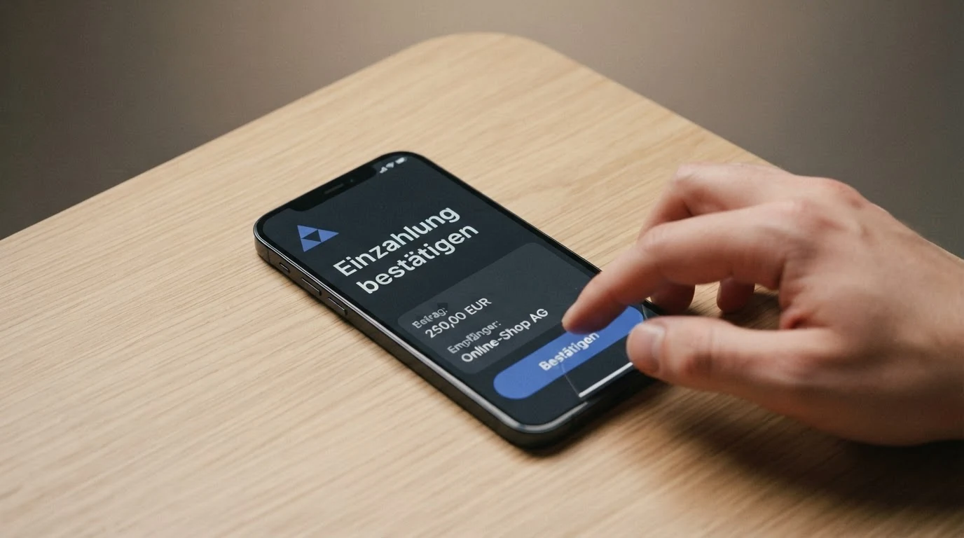 Ein Smartphone zeigt den Bildschirm „Einzahlung bestätigen“ mit dem Logo eines Mobilfunkanbieters und dem Hinweis auf eine SMS-Bestätigung