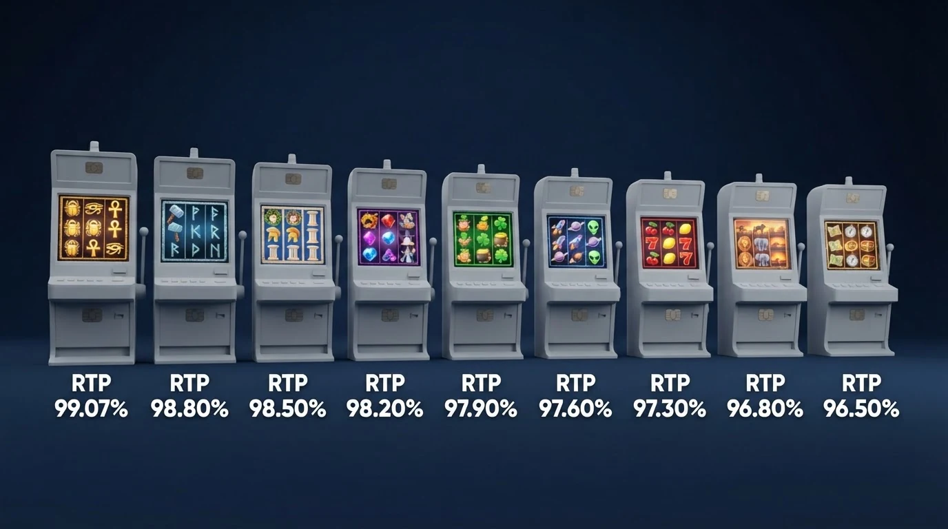 Eine Übersichtsgrafik mit den neun Slots der RTP-Rangliste, sortiert nach Auszahlungsquote von Ugga Bugga (99,07 %) bis Gates of Olympus (96,50 %), mit farblicher Kennzeichnung der Volatilität