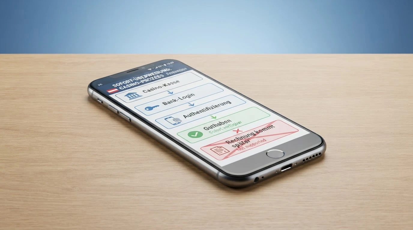 Ein schematischer Ablauf: Casino-Kasse → Klarna-Login → Bankauthentifizierung → Guthaben — mit einem roten X über dem Schritt „Rechnung kommt später“.