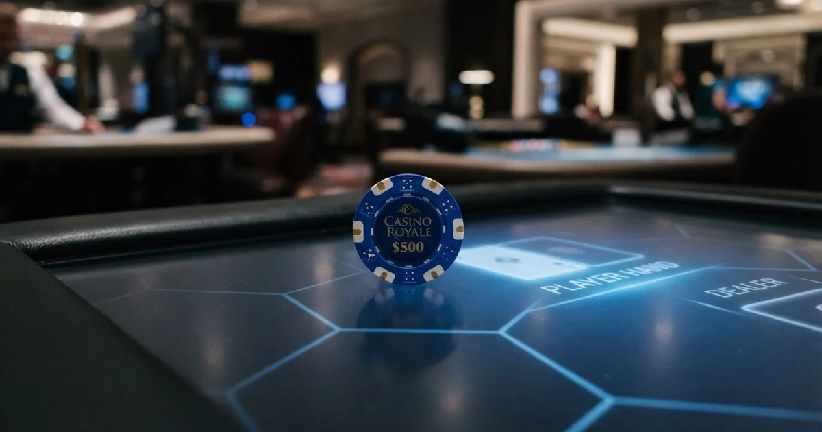 Eine Litecoin-Münze auf einem digitalen Casino-Tisch mit Spielelementen im Hintergrund