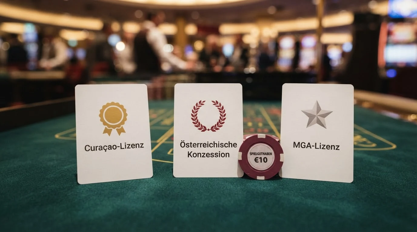 Drei Lizenzsiegel (Curaçao, MGA, Österreichische Konzession) nebeneinander mit kurzer Beschriftung der Unterschiede im Spielerschutz