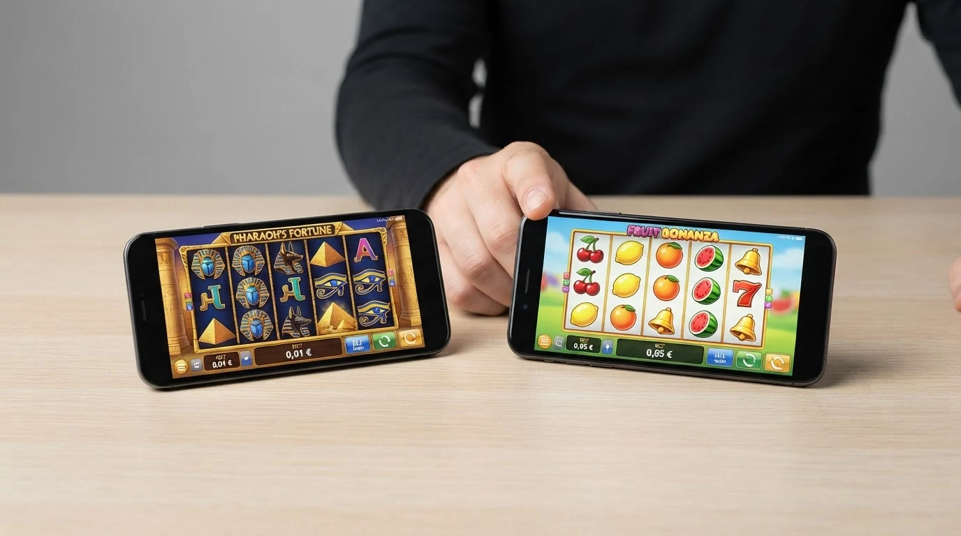 Zwei nebeneinanderliegende Slot-Bildschirme mit hervorgehobenen Einsatzanzeigen von 0,01 € und 0,05 €, darunter Logos von Book of Dead und Sizzling Hot Deluxe