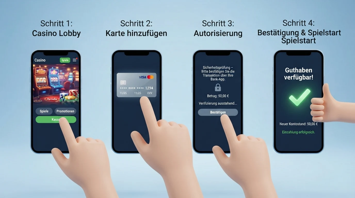 Eine schematische Vier-Schritt-Darstellung des Mastercard-Einzahlungsvorgangs: Casino-Kasse wählen, Mastercard auswählen und Betrag eingeben, 3D-Secure-Bestätigung per Smartphone, Guthaben sofort verfügbar