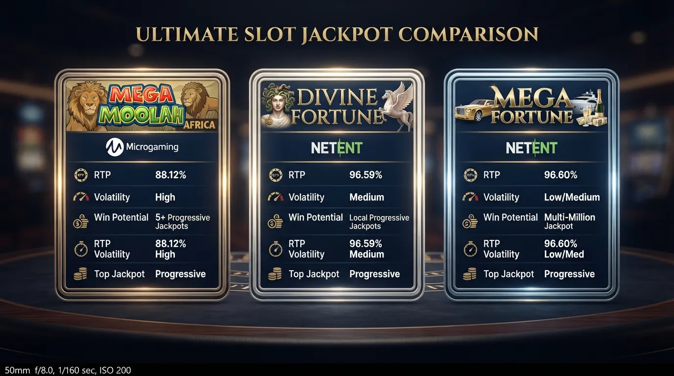 Bildschirmaufteilung mit den Titelkarten von Mega Moolah, Divine Fortune und Mega Fortune nebeneinander, darunter ihre Jackpot-Summen und RTP-Werte