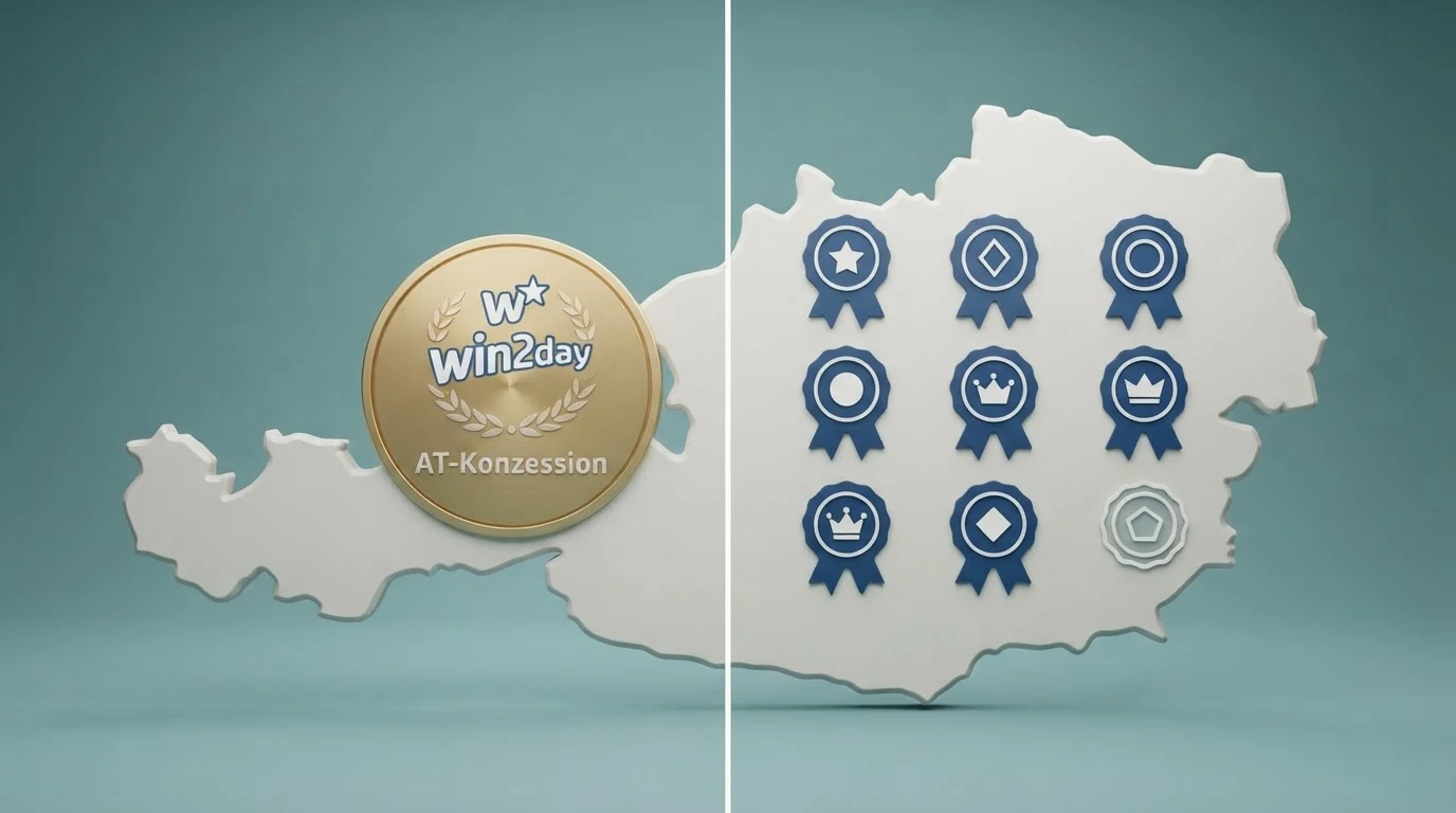 Eine stilisierte Österreich-Karte mit win2day auf der einen Seite (markiert mit „AT-Konzession“) und den Logos der neun weiteren geprüften Casinos auf der anderen, getrennt durch einen farblichen Lizenz-Indikator.
