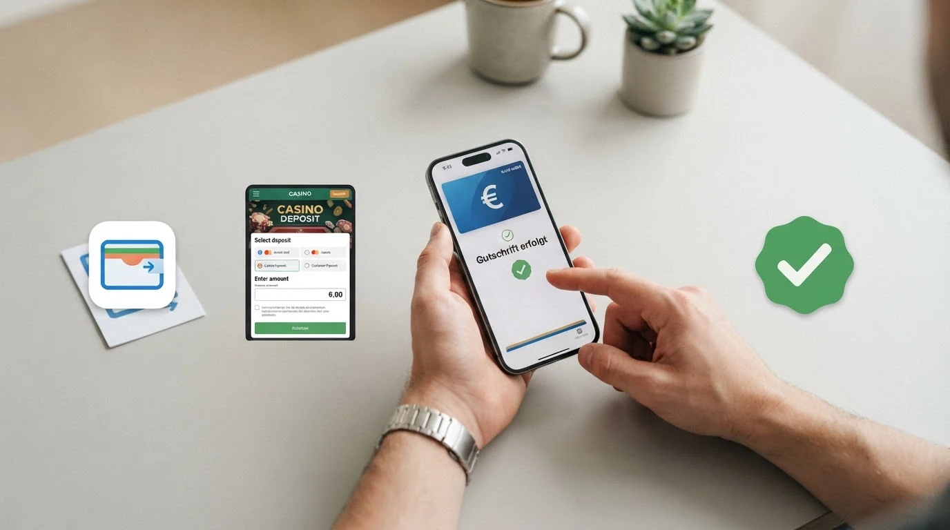 Eine schematische Darstellung des Einzahlungsprozesses: MiFinity-Konto, Casino-Kasse mit Auswahl „MiFinity“, Betragsbestätigung und „Gutschrift erfolgt“-Meldung in einem Dreischritt-Layout