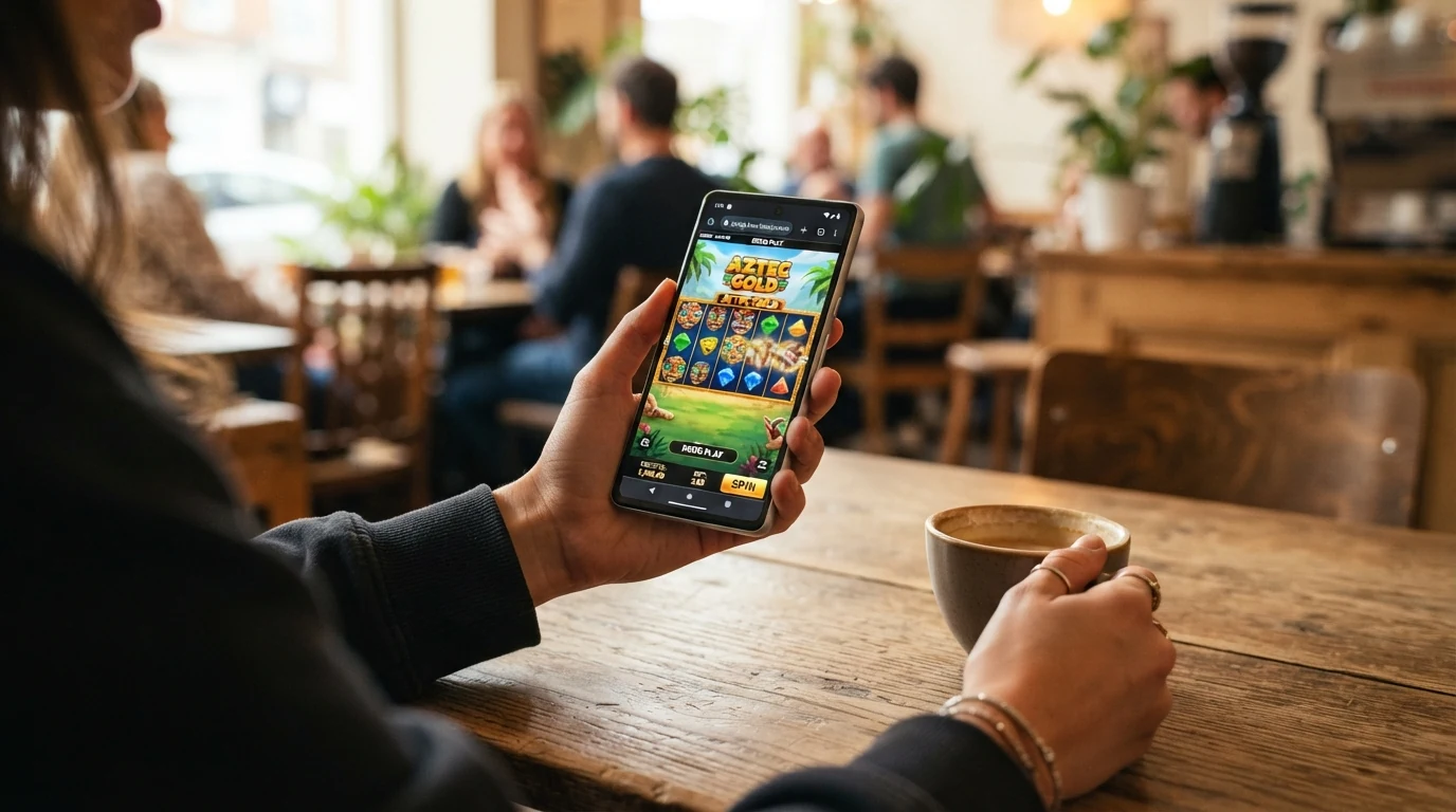 Smartphone mit geöffnetem Spielautomaten im Querformat, Spielgeld-Guthaben oberhalb der Walzen sichtbar