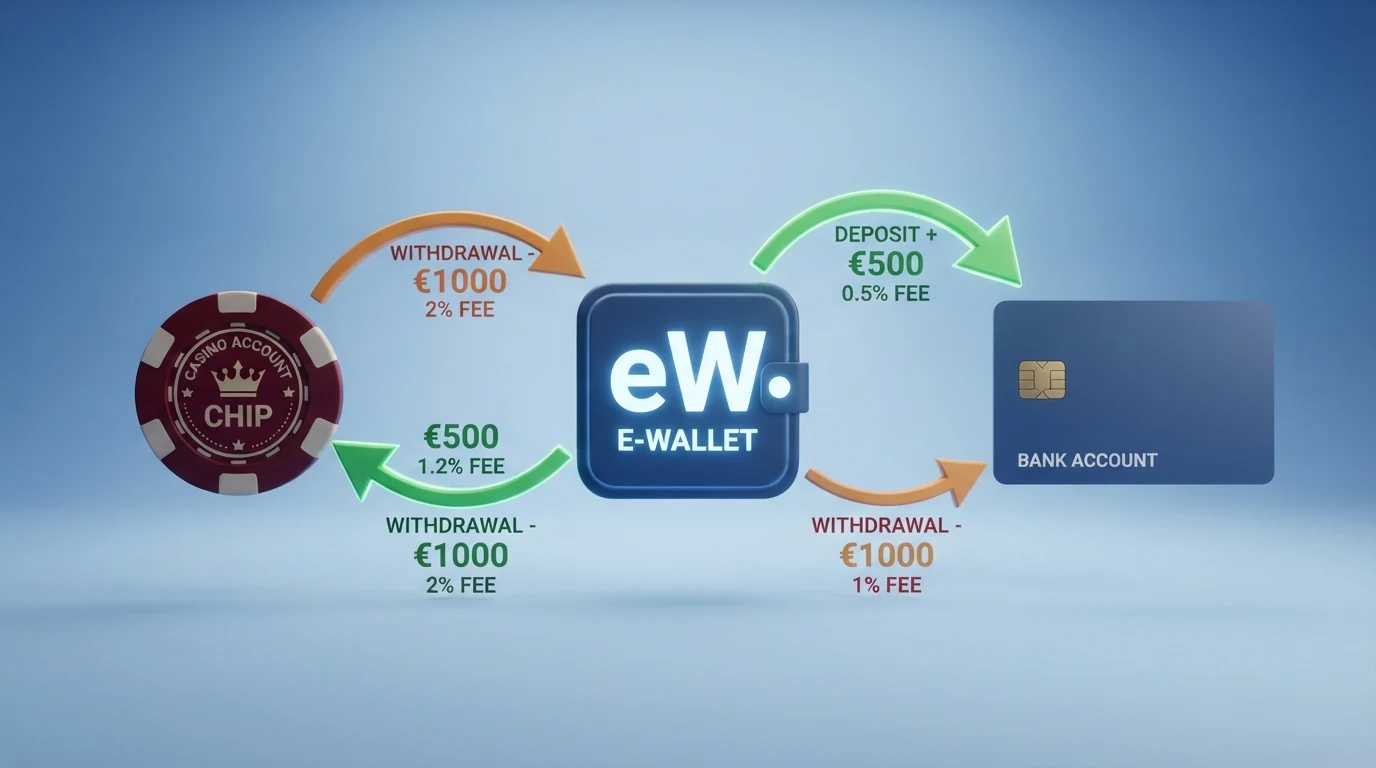 Eine schematische Darstellung des Geldflusses: Neteller-Wallet, Casino-Konto und Bankkonto mit farbigen Pfeilen für Einzahlung und Auszahlung, daneben Prozentzeichen und Euro-Symbole.