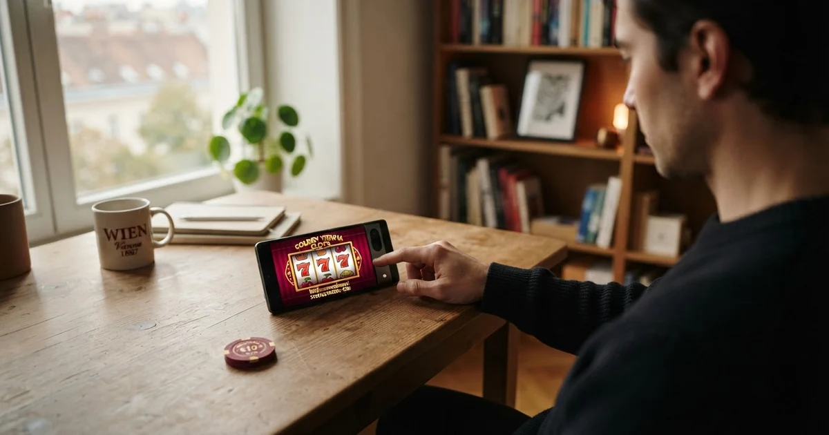 Ein Spieler blickt auf einen Bildschirm mit einem Online-Casino-Startguthaben-Angebot, daneben eine Lupe über dem Kleingedruckten der Bonusbedingungen.