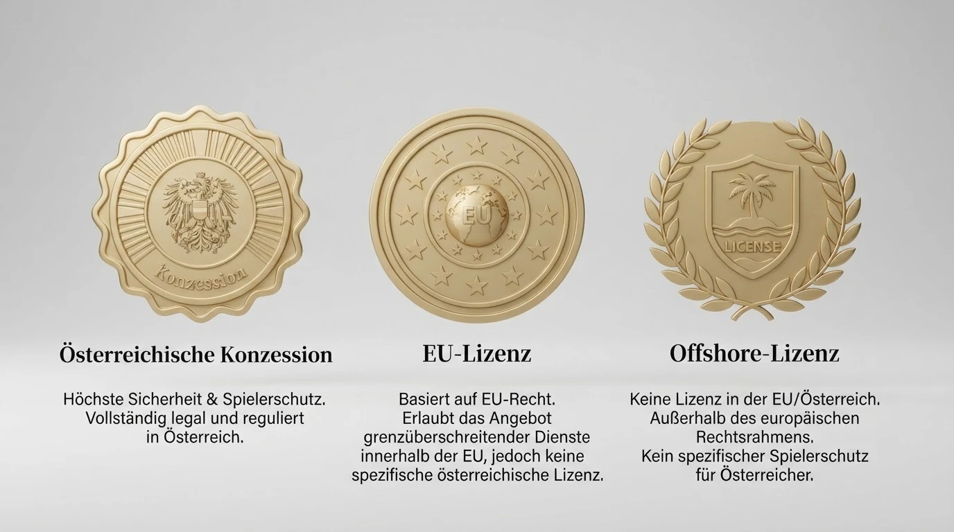 Schematische Darstellung: Österreich-Konzession (GSpG) neben MGA- und Curaçao-Lizenz, mit Hervorhebung der rechtlichen Unterschiede für AT-Spieler