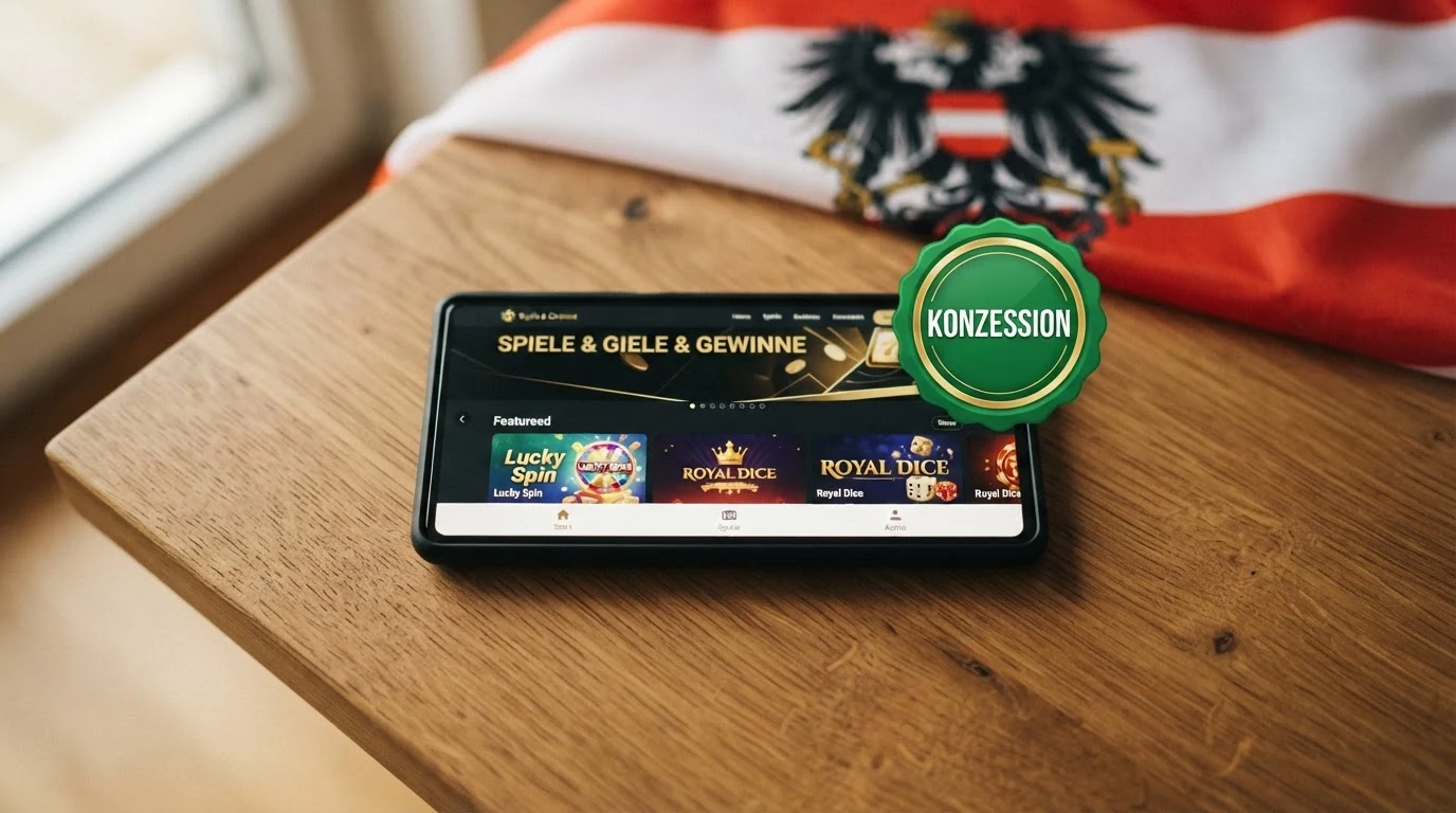 Ein offiziell wirkendes Siegel mit dem Schriftzug „Konzession“ neben einem Smartphone, das eine Casino-Seite zeigt – dahinter die österreichische Flagge