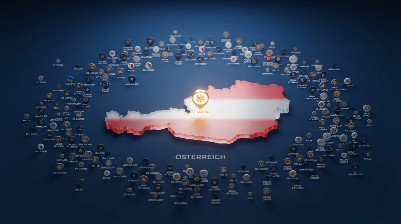 Eine stilisierte Österreich-Karte mit einem einzelnen leuchtenden Punkt für die AT-Konzession und vielen verstreuten Punkten für Offshore-Lizenzen, darunter die Logos der Lizenzbehörden BMF, MGA und Curaçao