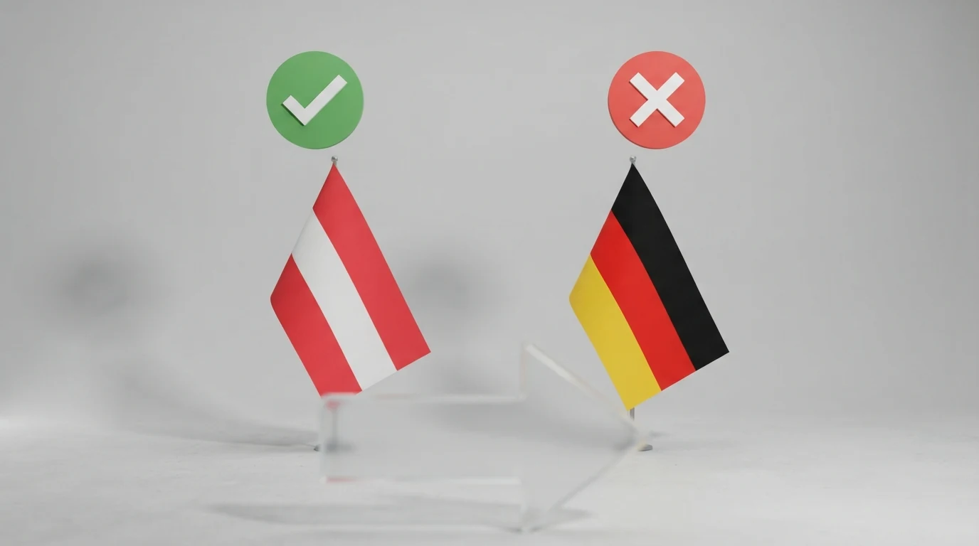 Gegenüberstellung der österreichischen und deutschen Autoplay-Regulierung: AT-Flagge mit grünem Haken „Autoplay erlaubt“, DE-Flagge mit rotem Kreuz „Autoplay verboten seit 2021“