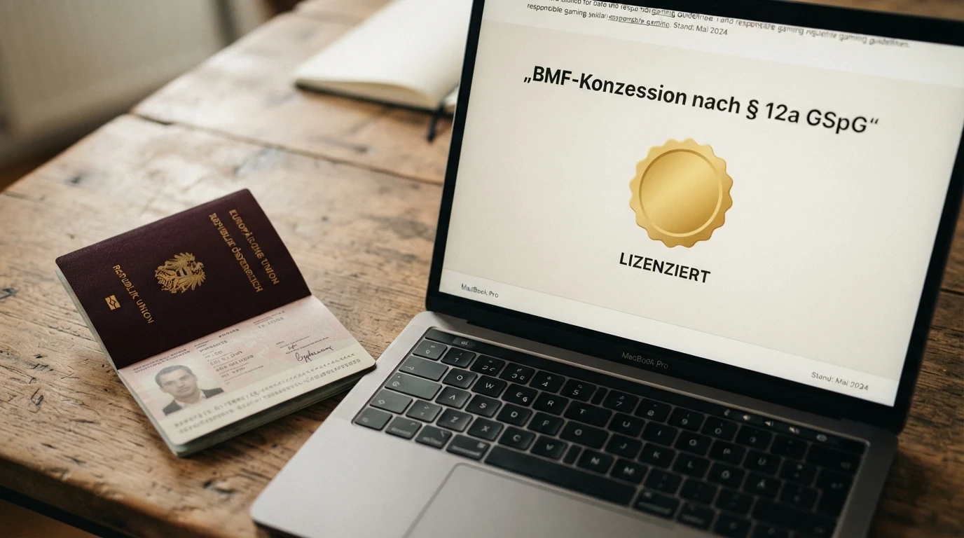 Nahaufnahme eines österreichischen Reisepasses neben einem Bildschirm mit dem Schriftzug „BMF-Konzession nach § 12a GSpG“ und einem einzelnen hervorgehobenen Anbieter-Logo