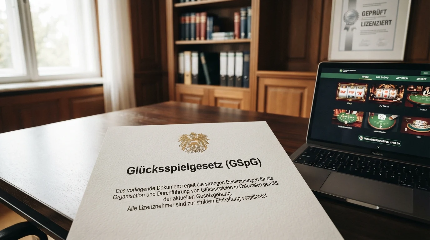 Ein offiziell wirkendes Dokument mit dem österreichischen Bundesadler und der Aufschrift „Glücksspielgesetz (GSpG)“ liegt neben einem aufgeklappten Laptop, der auf Win2day.at eine Casino-Lobby zeigt