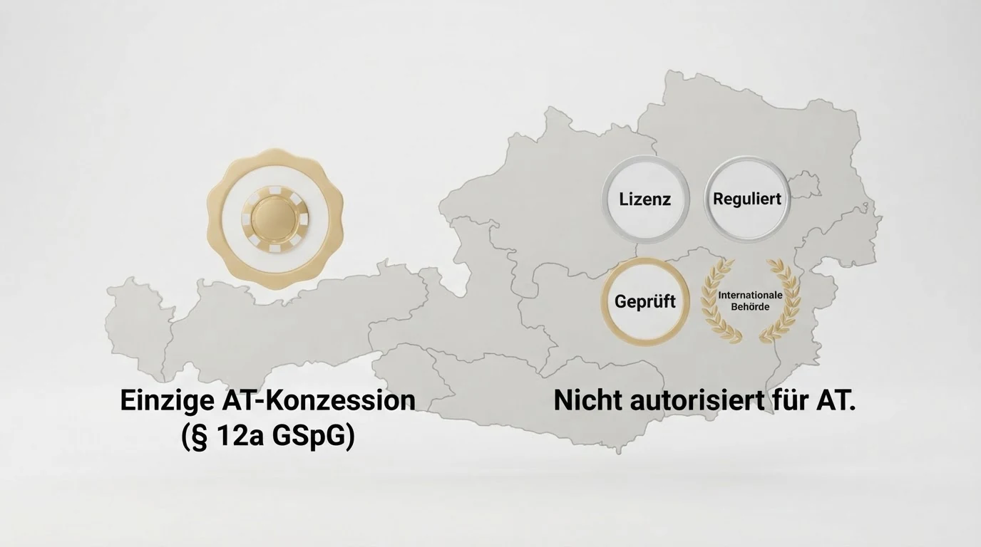Eine Österreich-Karte mit grafischer Gegenüberstellung: links das win2day-Logo mit dem Label „Einzige AT-Konzession (§ 12a GSpG)“, rechts die internationalen Lizenzsiegel MGA, UKGC und Curaçao CGA mit dem Label „Nicht autorisiert für AT“