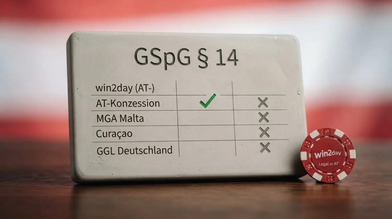 Eine stilisierte österreichische Gesetzestafel mit dem Titel „GSpG § 14“, ein grüner Haken bei „win2day (AT-Konzession)“ und graue Kreuze bei „MGA Malta“, „Curaçao“, „GGL Deutschland“ und weiteren Offshore-Lizenztypen.