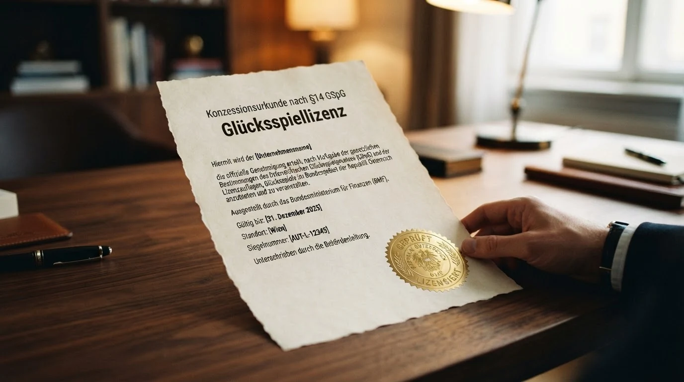 Offizielles Dokument und Siegel zur österreichischen Glücksspielkonzession nach §14 GSpG