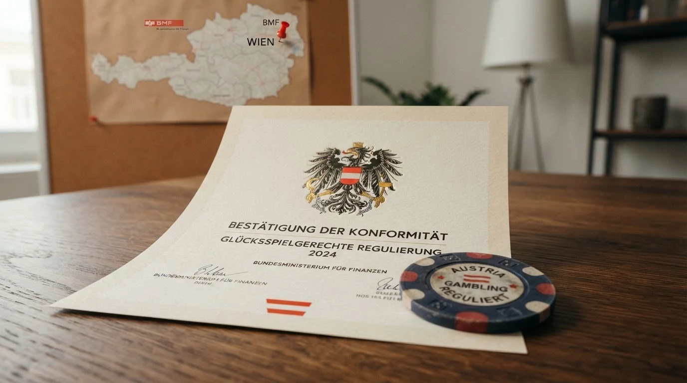 Das offizielle österreichische Wappen oder ein stilisiertes Paragrafen-Symbol vor einer Österreich-Karte, die den Sitz der BMF-Glücksspielaufsicht in Wien markiert