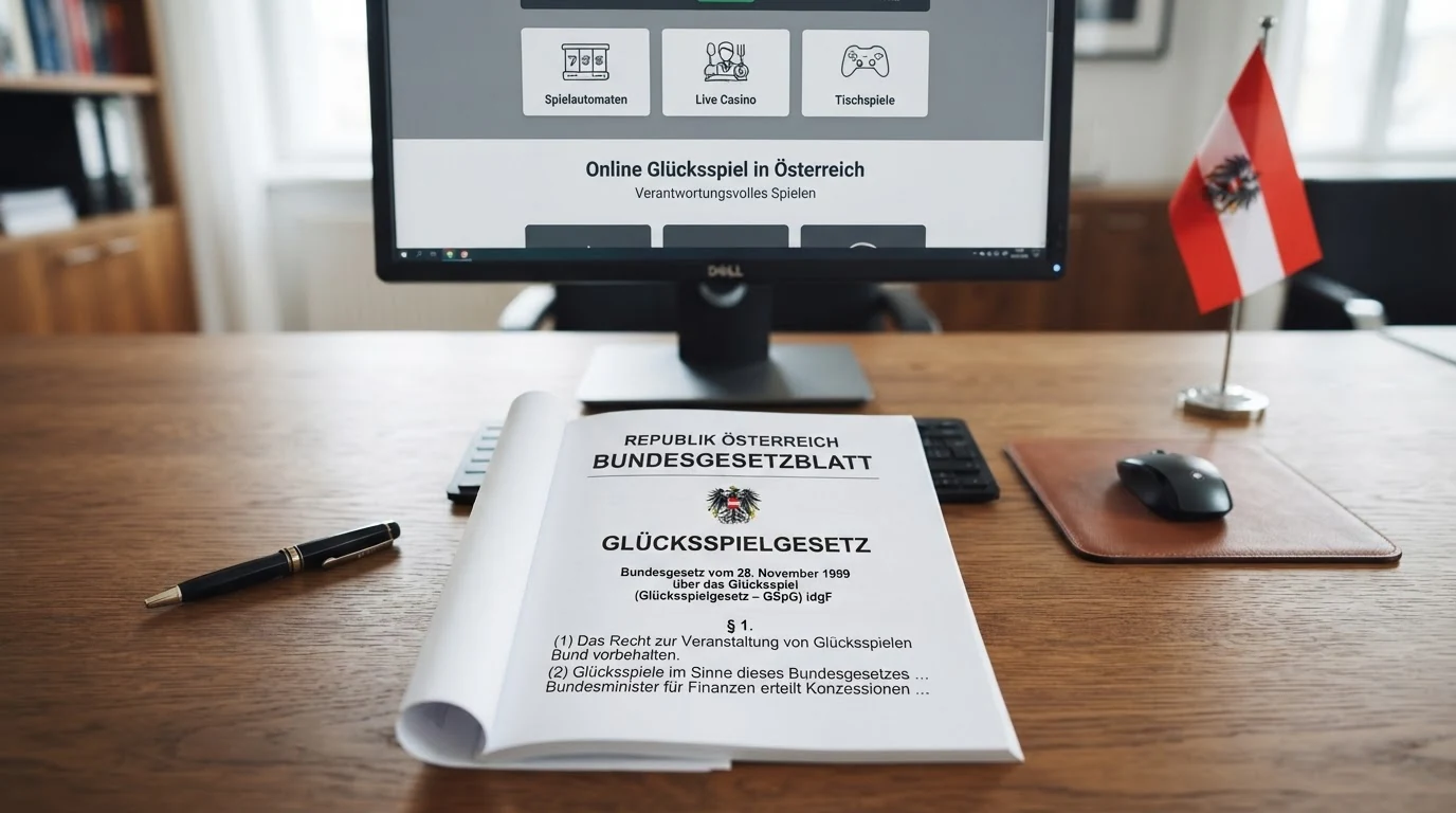 Offizielles Dokument mit dem österreichischen Bundesadler und dem Titel „Glücksspielgesetz“ auf einem Schreibtisch, im Hintergrund ein Bildschirm mit einer Casino-Webseite