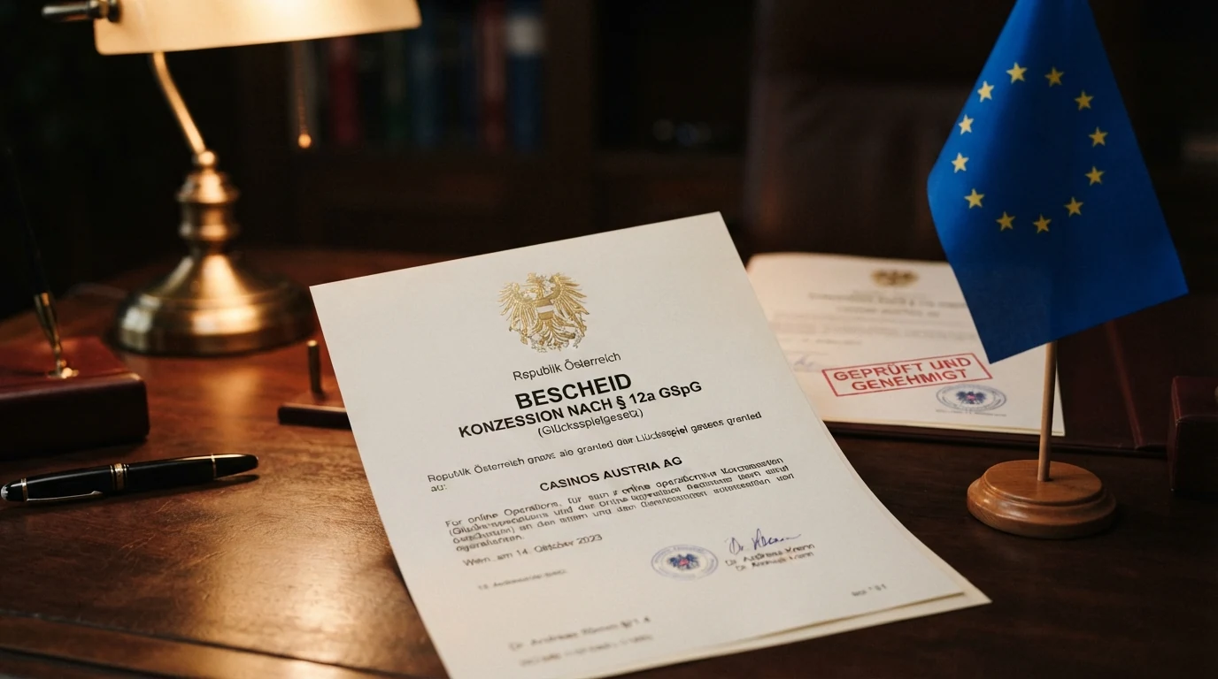 Ein offiziell wirkendes Dokument mit Siegel und dem Schriftzug „Konzession nach § 12a GSpG“ auf einem Schreibtisch, daneben die EU-Flagge und rot durchgestrichene MGA- und Curaçao-Logos