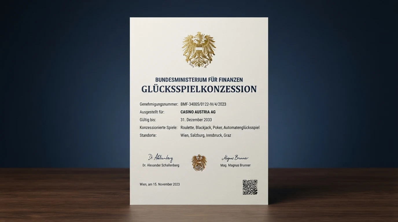 Offizielles Dokument mit dem Siegel der Republik Österreich und dem Schriftzug „Bundesministerium für Finanzen — Glücksspielkonzession“
