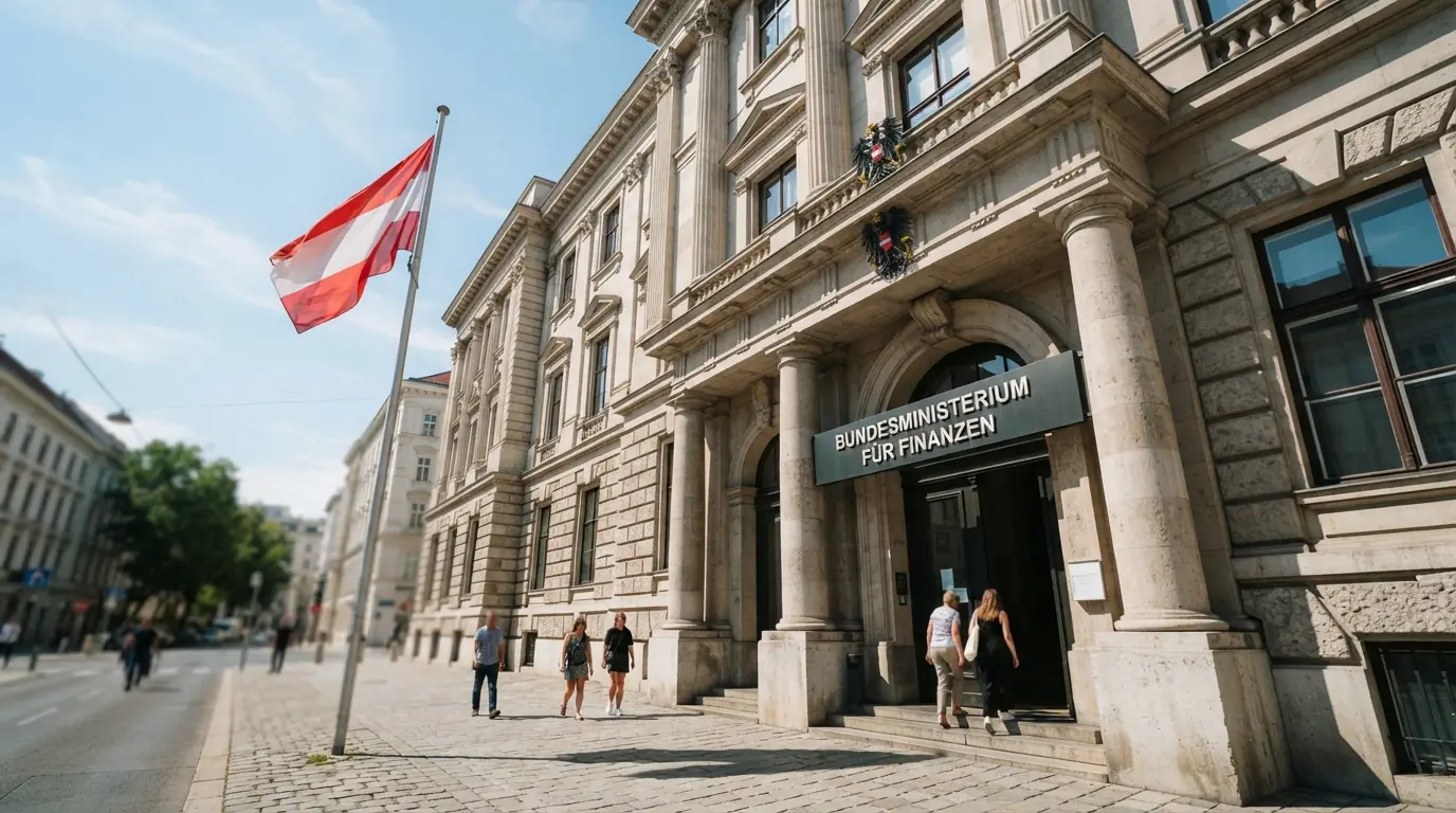 Das offizielle Gebäude des Bundesministeriums für Finanzen in Wien bei Tageslicht, davor weht eine österreichische Flagge