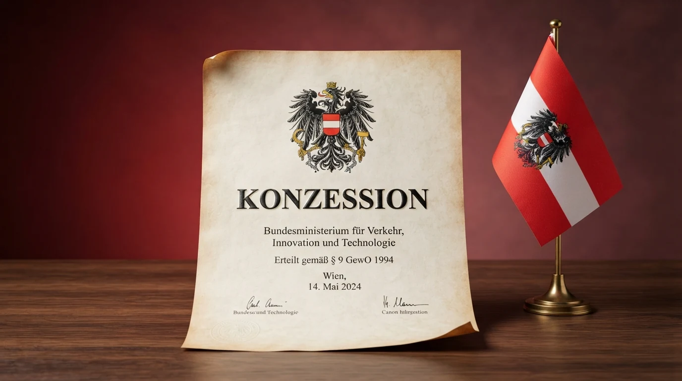 Österreichische EU-Flagge neben einem offiziell wirkenden Dokument mit Siegel