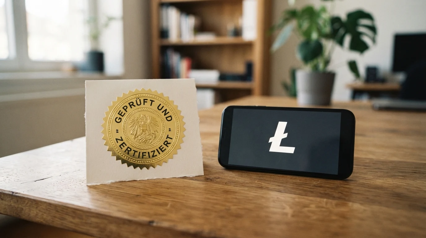 Ein stilisiertes österreichisches Konzessionsdokument neben einer LTC-Wallet auf einem Smartphone-Bildschirm