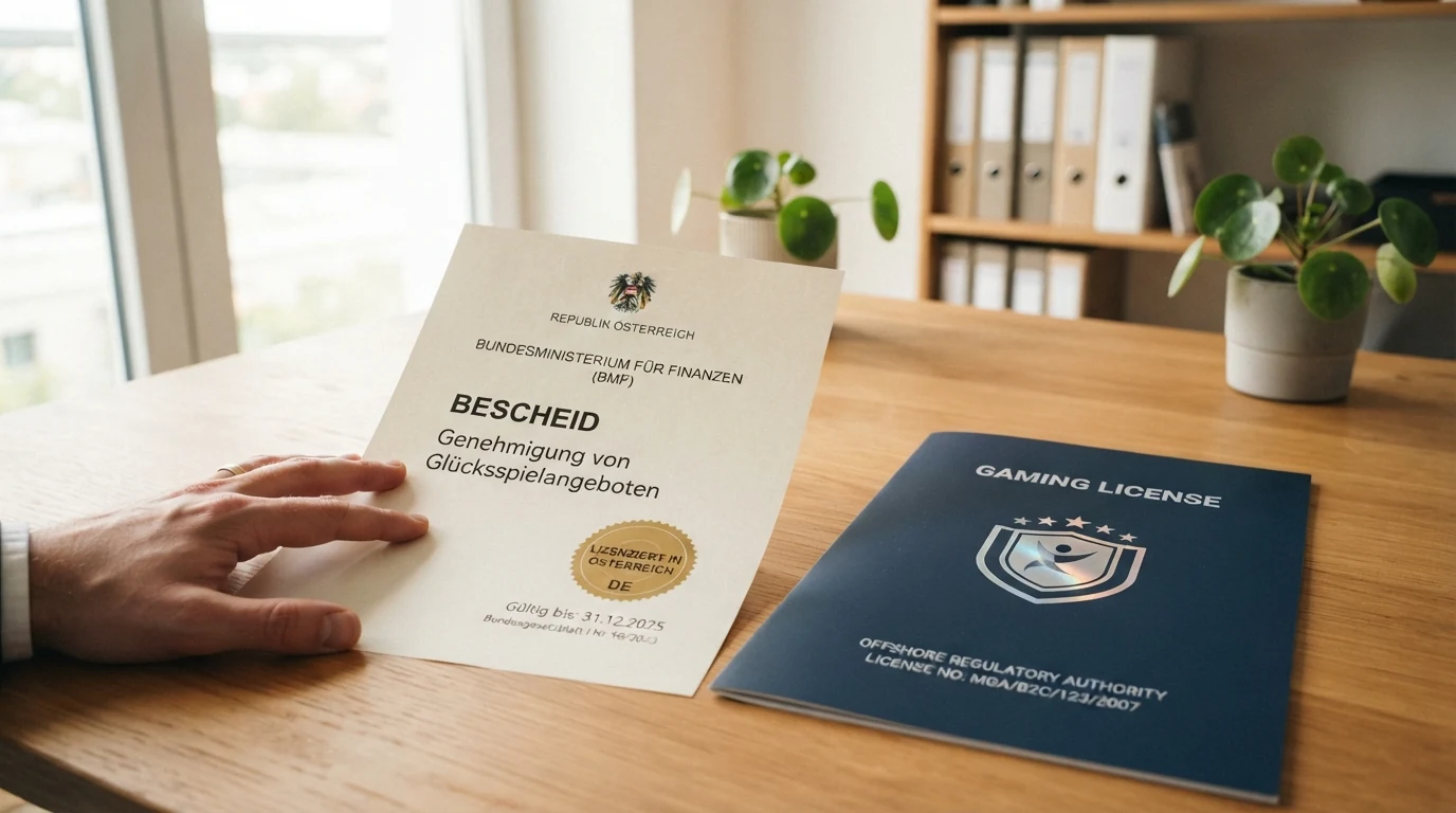 Offizielle Lizenzdokumente oder Siegel der österreichischen Glücksspielbehörde (BMF) im Kontrast zu internationalen Lizenz-Logos