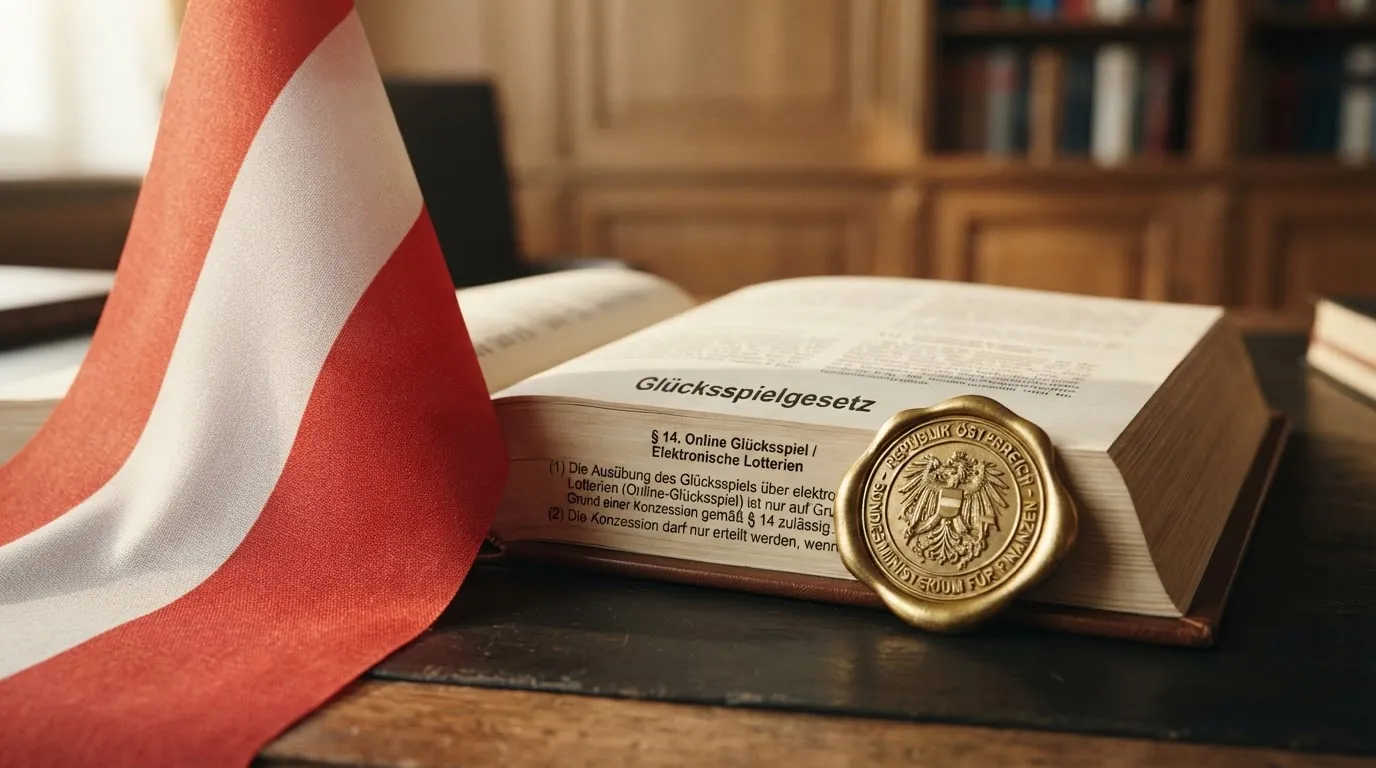 Eine österreichische Flagge vor einem geöffneten Gesetzestext mit dem Titel Glücksspielgesetz und dem Paragrafen 14, daneben ein Siegel mit der Aufschrift Konzession