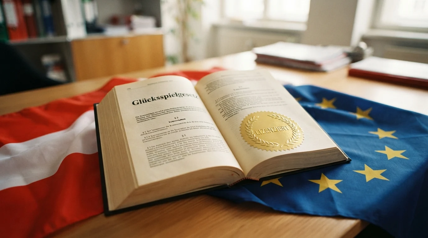 Ein aufgeschlagenes Gesetzesbuch mit dem Titel „Glücksspielgesetz“ liegt vor der österreichischen Flagge und dem EU-Sternenkranz.