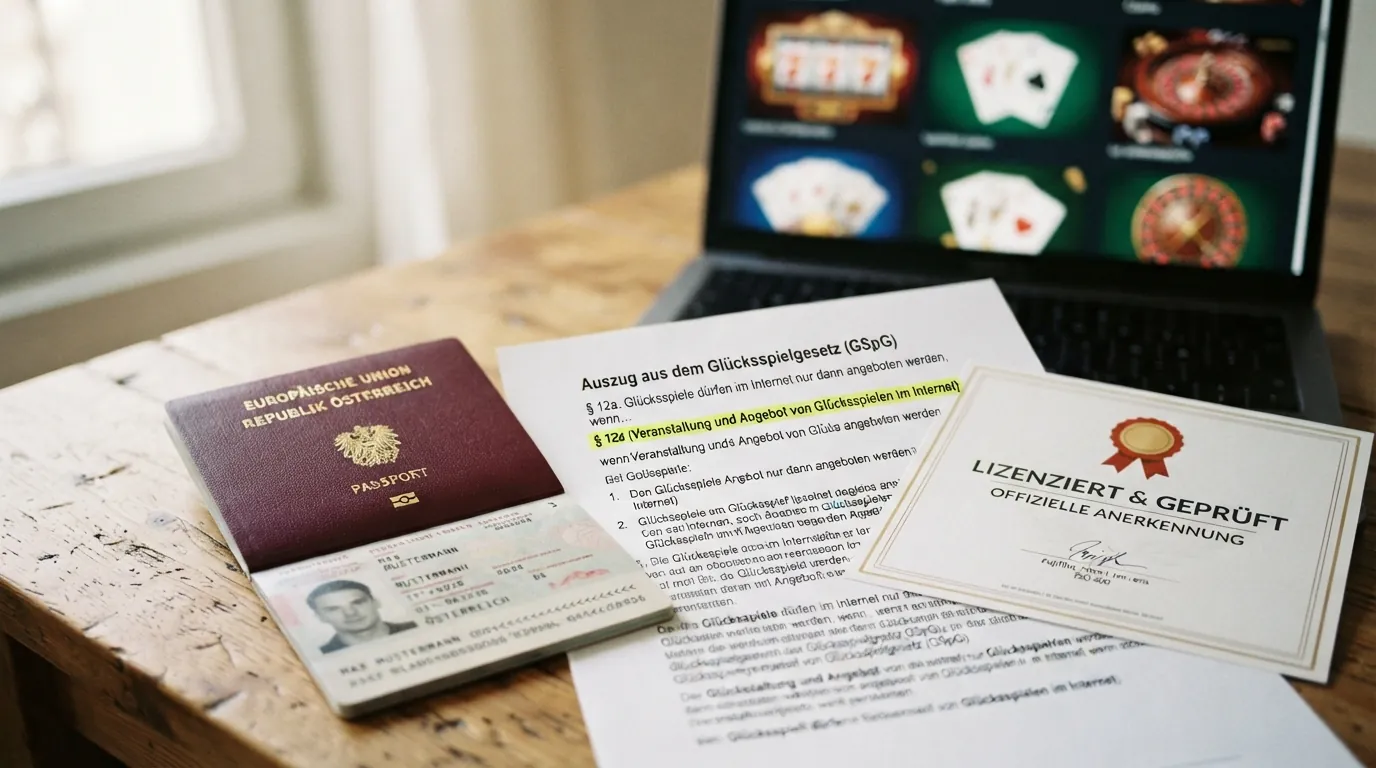 Ein österreichischer Reisepass liegt neben einem Ausdruck des Glücksspielgesetzes (GSpG), auf dem § 12a markiert ist; im Hintergrund schemenhaft die Logos internationaler Casino-Anbieter.