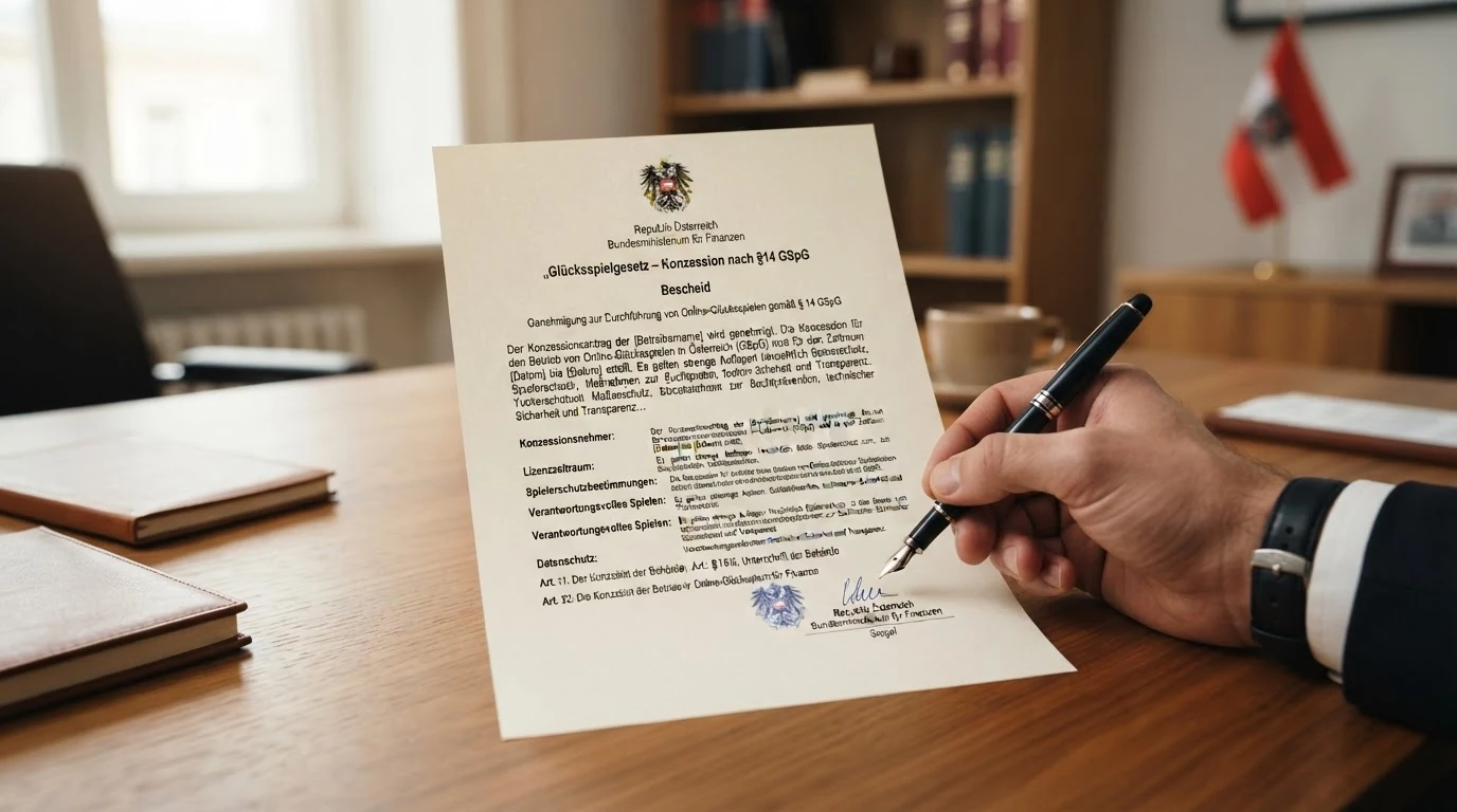 Amtliches Dokument mit dem Wappen der Republik Österreich und dem Titel „Glücksspielgesetz – Konzession nach §14 GSpG“ auf einem Schreibtisch